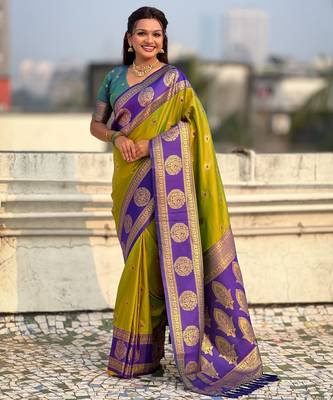 Mahendi soft silk blend woven girlie rich look saree 1