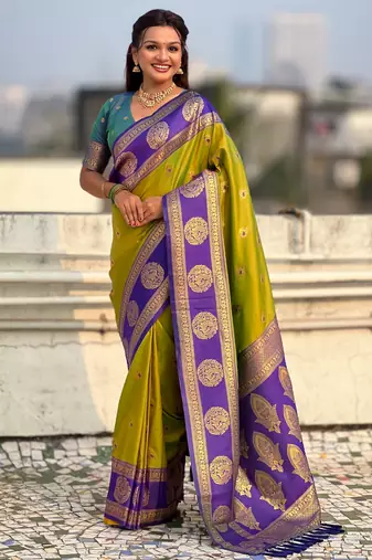 Mahendi color soft silk fabric woven designer girlie rich look saree