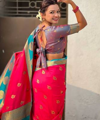 Pink woven zari traditional motifs work silk blend    4