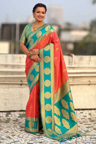 Orange woven zari traditional motifs work silk blend   