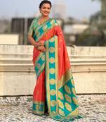 Orange woven zari traditional motifs work silk blend   