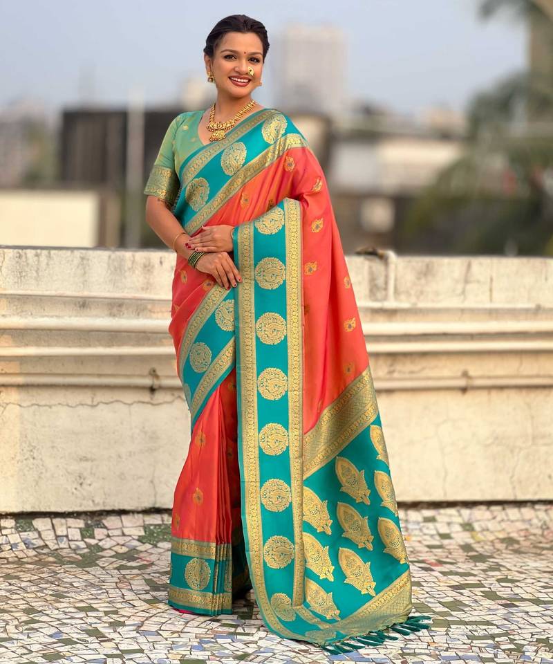 Orange woven zari traditional motifs work silk blend   