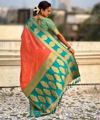 Orange woven zari traditional motifs work silk blend    2