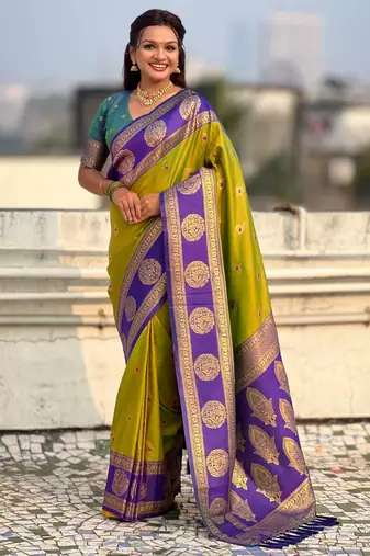 Olive woven zari traditional motifs work silk blend   