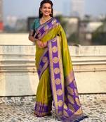 Olive woven zari traditional motifs work silk blend   