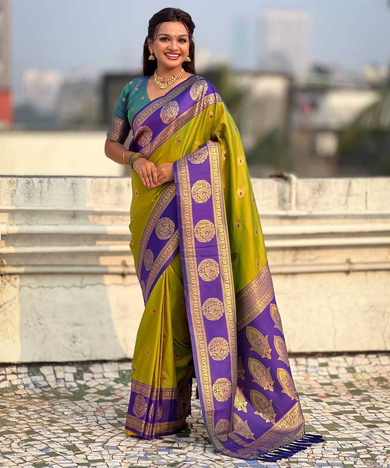 Olive woven zari traditional motifs work silk blend   