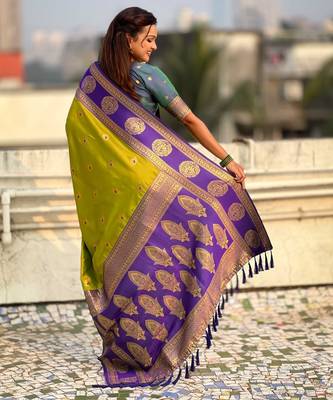 Olive woven zari traditional motifs work silk blend    2