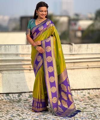 Olive woven zari traditional motifs work silk blend    3