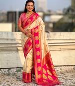 Off white woven zari traditional motifs work silk blend   
