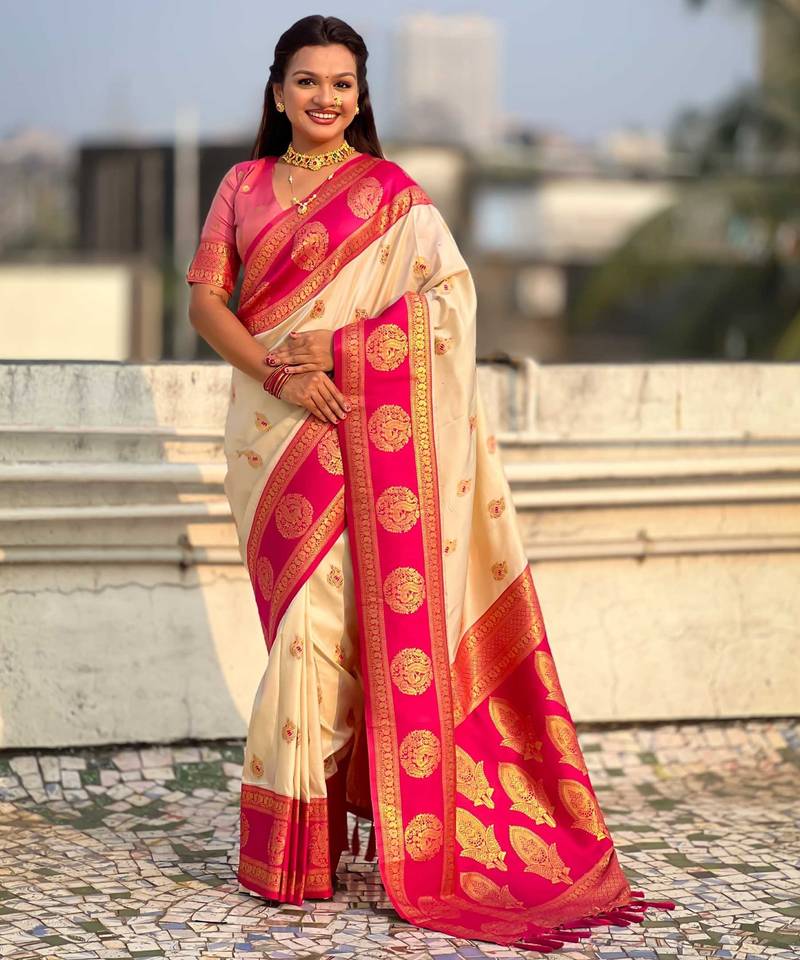 Off white woven zari traditional motifs work silk blend   
