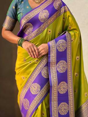 Olive woven zari traditional motifs work silk blend    5