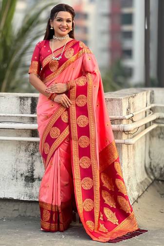 Peach woven zari traditional motifs work silk blend   