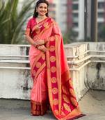 Peach woven zari traditional motifs work silk blend   