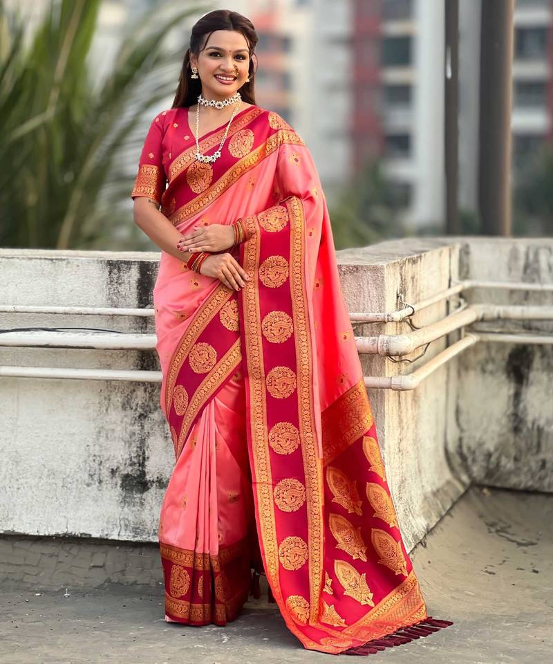 Peach woven zari traditional motifs work silk blend   