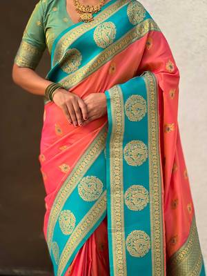Orange woven zari traditional motifs work silk blend    5