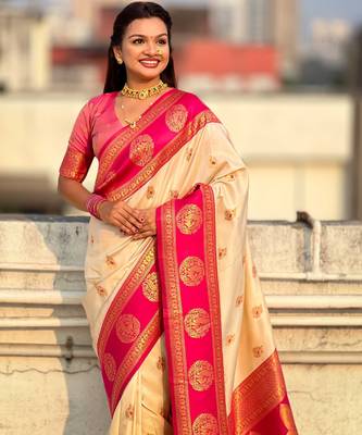 Off white woven zari traditional motifs work silk blend    3