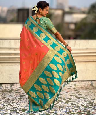 Peach soft silk blend woven girlie rich look saree 2