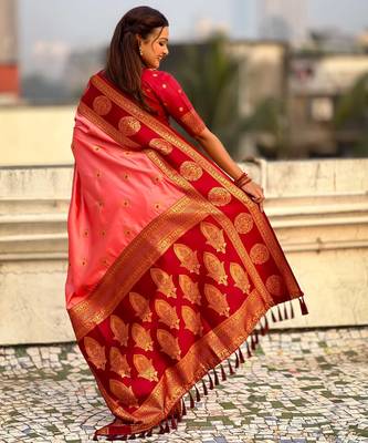 Peach woven zari traditional motifs work silk blend    2