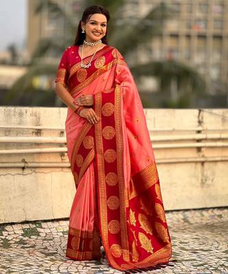 Peach woven zari traditional motifs work silk blend    3