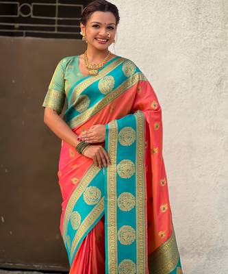 Peach soft silk blend woven girlie rich look saree 3
