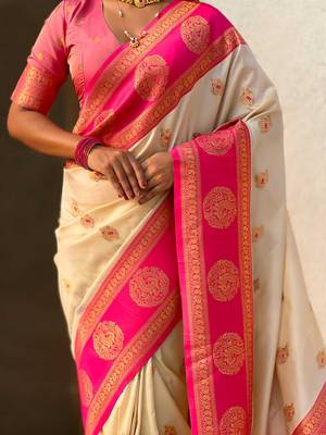 Off white woven zari traditional motifs work silk blend    5