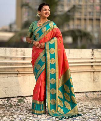 Peach soft silk blend woven girlie rich look saree 4