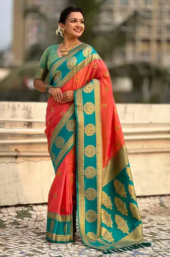 Peach soft silk blend woven girlie rich look saree