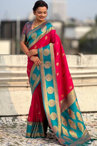 Pink color soft silk fabric woven designer girlie rich look saree
