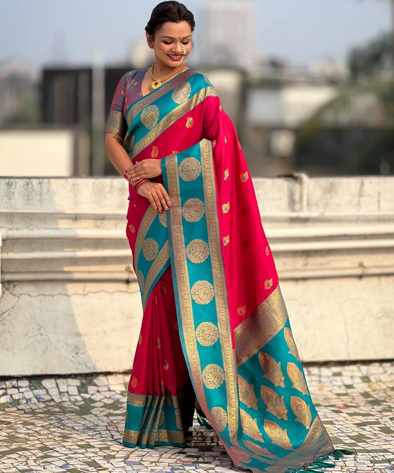 Pink color soft silk fabric woven designer girlie rich look saree