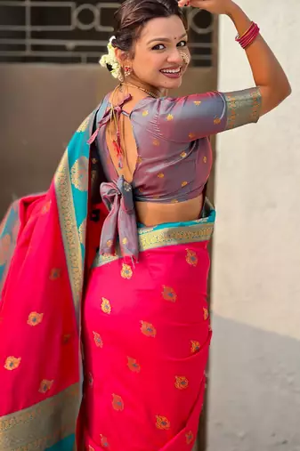 Pink soft silk blend woven girlie rich look saree