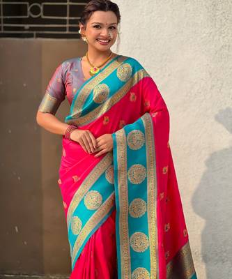 Pink soft silk blend woven girlie rich look saree 3