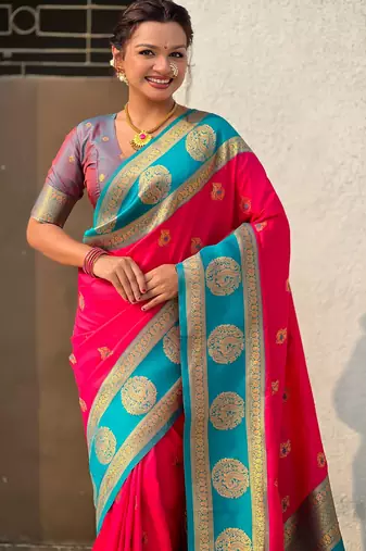 Pink soft silk blend woven girlie rich look saree