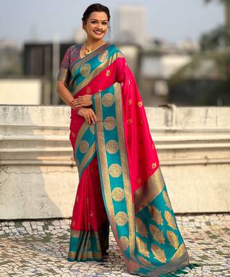 Pink soft silk blend woven girlie rich look saree 4