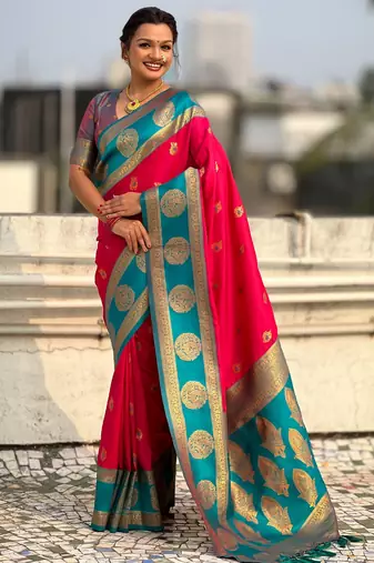 Pink soft silk blend woven girlie rich look saree