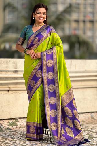 Parrot green color soft silk fabric woven designer girlie rich look saree
