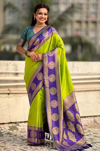 Parrot green color soft silk fabric woven designer girlie rich look saree