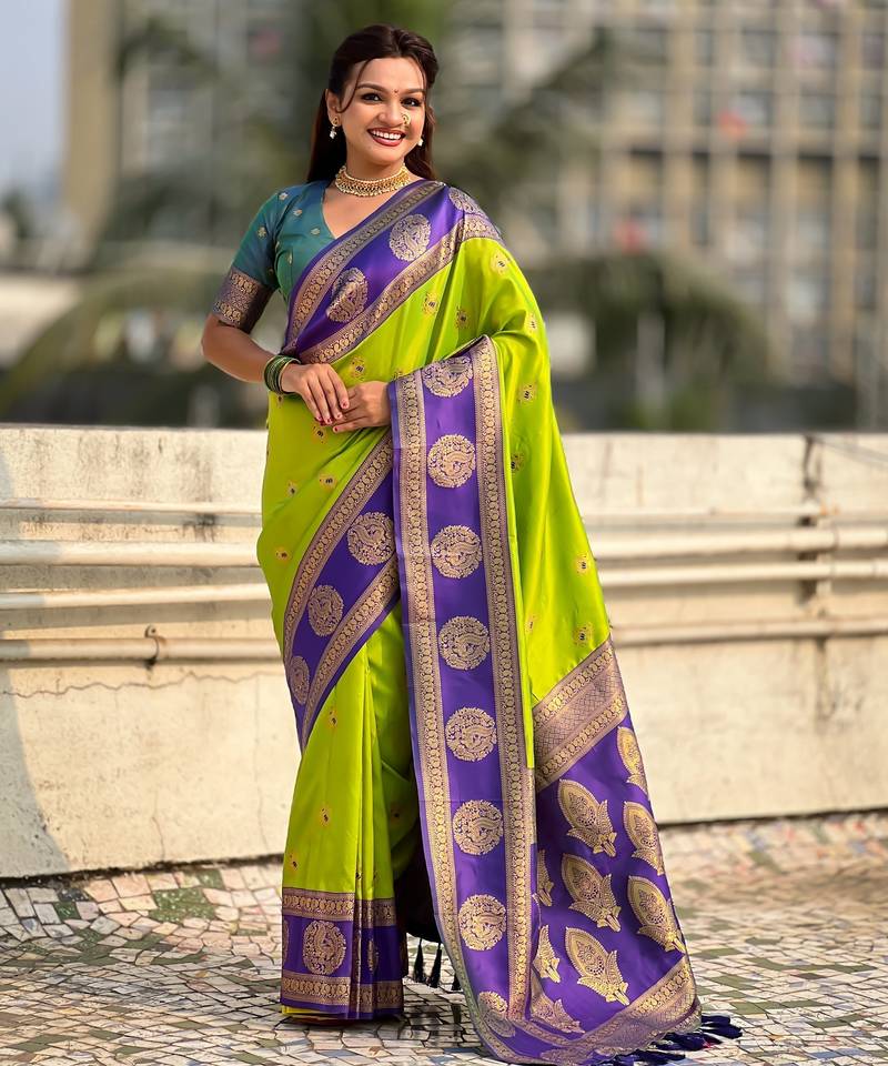 Parrot green color soft silk fabric woven designer girlie rich look saree