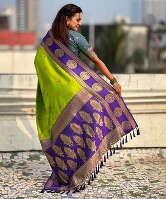 Parrot green soft silk blend woven girlie rich look saree 2