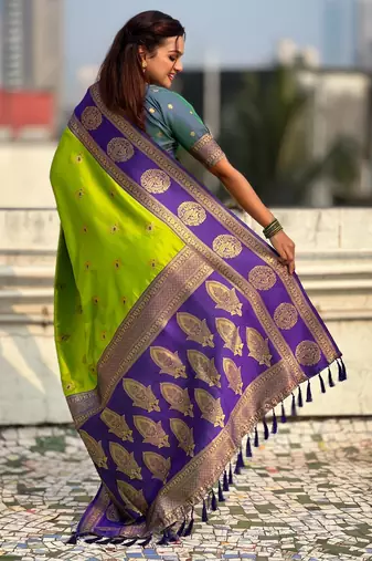 Parrot green soft silk blend woven girlie rich look saree