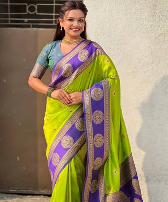 Parrot green soft silk blend woven girlie rich look saree 3