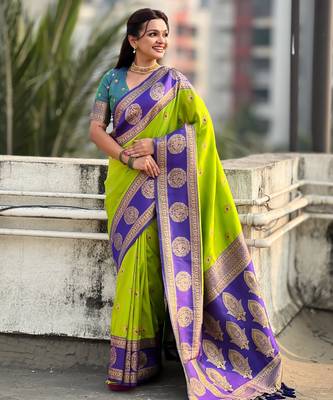 Parrot green soft silk blend woven girlie rich look saree 4
