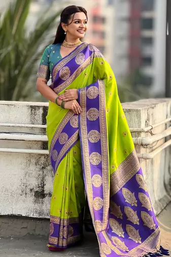 Parrot green soft silk blend woven girlie rich look saree