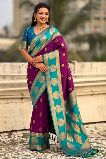 Purple color soft silk fabric woven designer girlie rich look saree