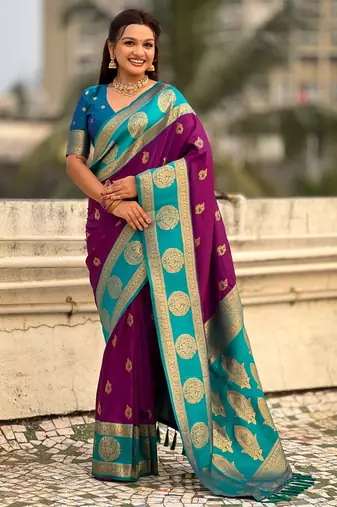 Purple color soft silk fabric woven designer girlie rich look saree
