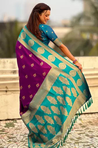 Purple soft silk blend woven girlie rich look saree