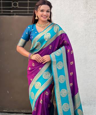 Purple soft silk blend woven girlie rich look saree 3