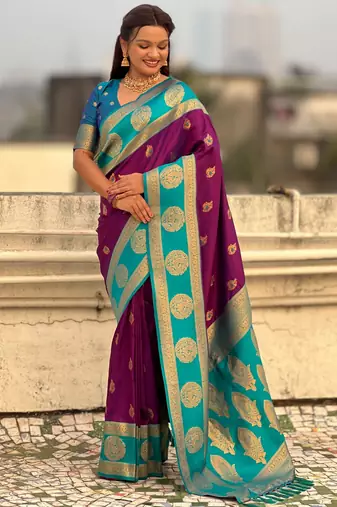 Purple soft silk blend woven girlie rich look saree