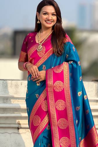 Rama color soft silk fabric woven designer girlie rich look saree