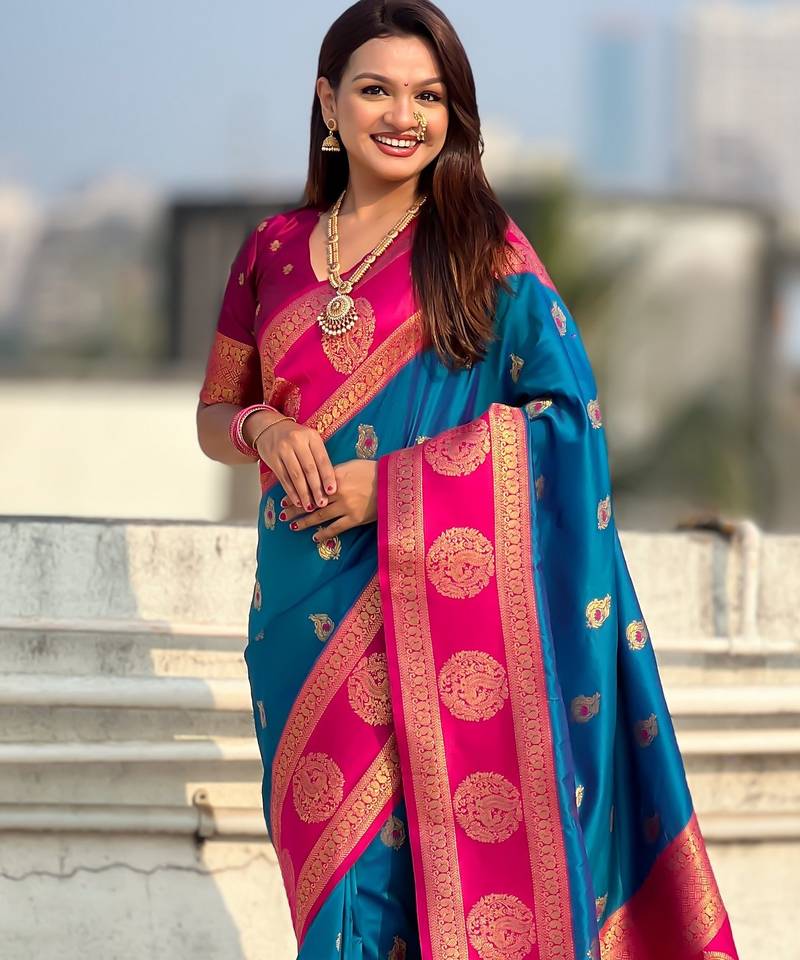 Rama color soft silk fabric woven designer girlie rich look saree