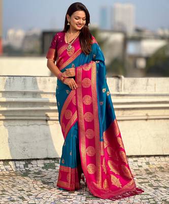 Rama soft silk blend woven girlie rich look saree 4
